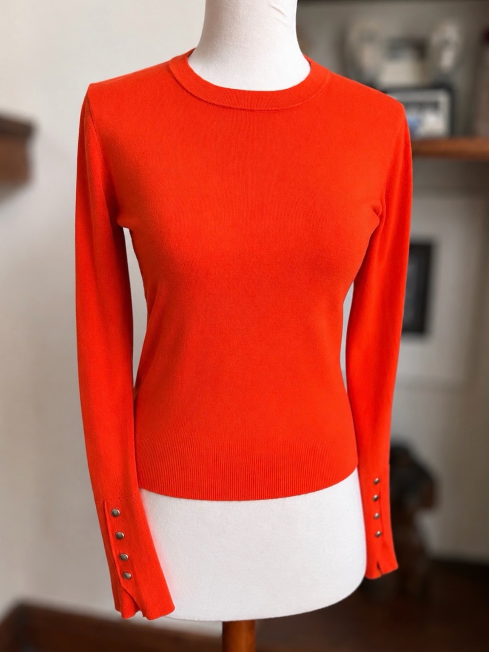 Zara Orange Fine Knit Sweater Decorative Cuff Long Sleeve Crew Neck Size Small